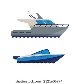 Motorboat or Speedboat as Watercraft or Swimming Water Vessel Vector Set