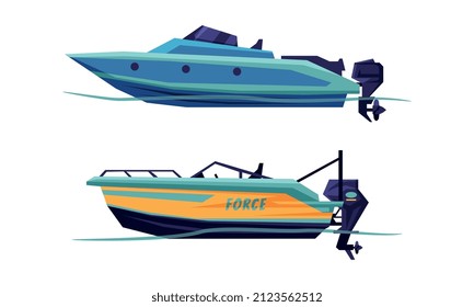 Motorboat Or Speedboat As Watercraft Or Swimming Water Vessel Powered By Engine Vector Set