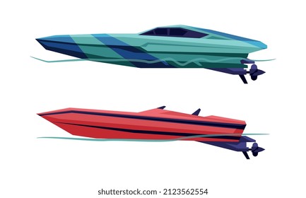 Motorboat or Speedboat as Watercraft or Swimming Water Vessel Powered by Engine Vector Set