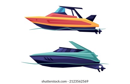 Motorboat or Speedboat as Watercraft or Swimming Water Vessel Powered by Engine Vector Set