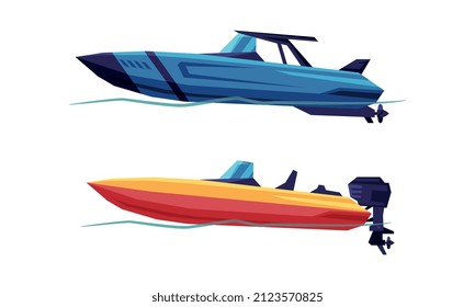 Motorboat or Speedboat as Watercraft or Swimming Water Vessel Powered by Engine Vector Set