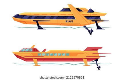 Motorboat or Speedboat as Watercraft or Swimming Water Vessel Powered by Engine Vector Set