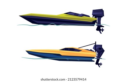 Motorboat or Speedboat as Watercraft or Swimming Water Vessel Powered by Engine Vector Set