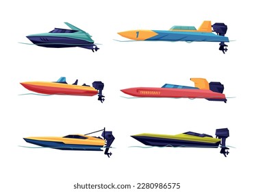 Motorboat or Speedboat as Watercraft or Swimming Water Vessel Vector Set