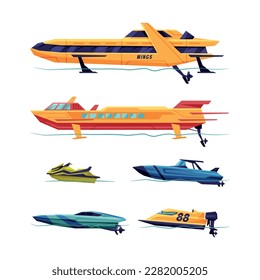 Motorboat or Speedboat as Watercraft or Swimming Water Vessel Vector Set