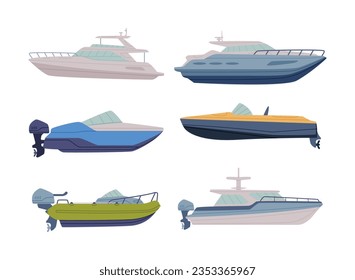 Motorboot oder Speedboat als Vektorgrafik-Set für Wasserfahrzeuge oder Schwimmwasserschiffe