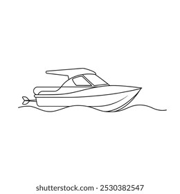 Motorboat Water Transport isolated continuous line art flat vector illustration on white background