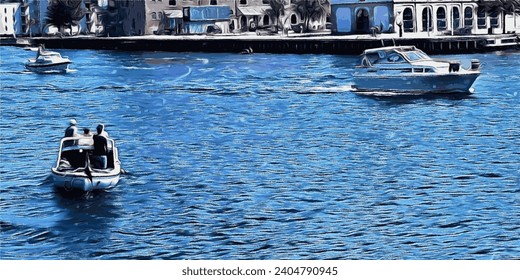 Motorboats sail in the city canal