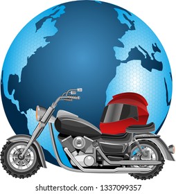 Motorbyce around the world travel  tourism concept,motorcycle on the globe background, vector illustration