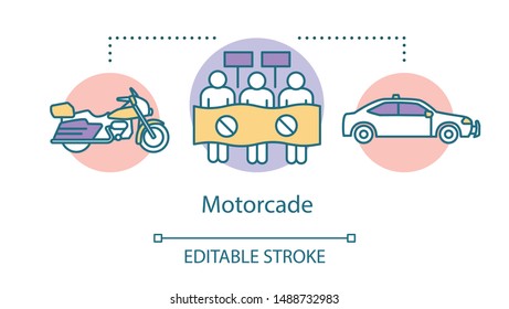 Motorcade concept icon. Vehicles procession idea thin line illustration. Police car, motorcycle and protesters with placards vector isolated outline drawing. Political transportation. Editable stroke