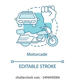 Motorcade concept icon. Vehicles procession idea thin line illustration. Police car, motorcycle and fist vector isolated outline drawing. Political transportation, security convoy. Editable stroke
