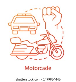 Motorcade concept icon. Vehicles procession idea thin line illustration. Police car, motorcycle and fist vector isolated outline drawing. Political transport, security convoy. Presidential escort