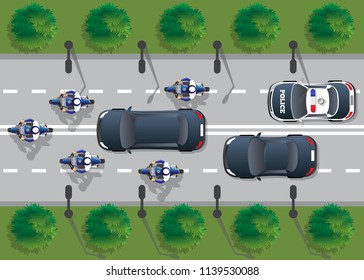 The Motorcade Escorted By Police. View From Above. Vector Illustration.