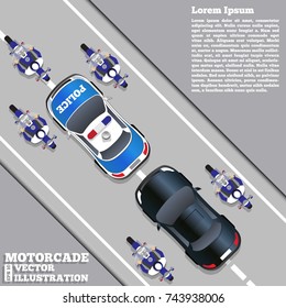 The motorcade escorted by police. View from above. Vector illustration.