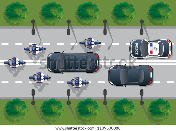 The motorcade escorted by police. View from\
above. Vector\
illustration.