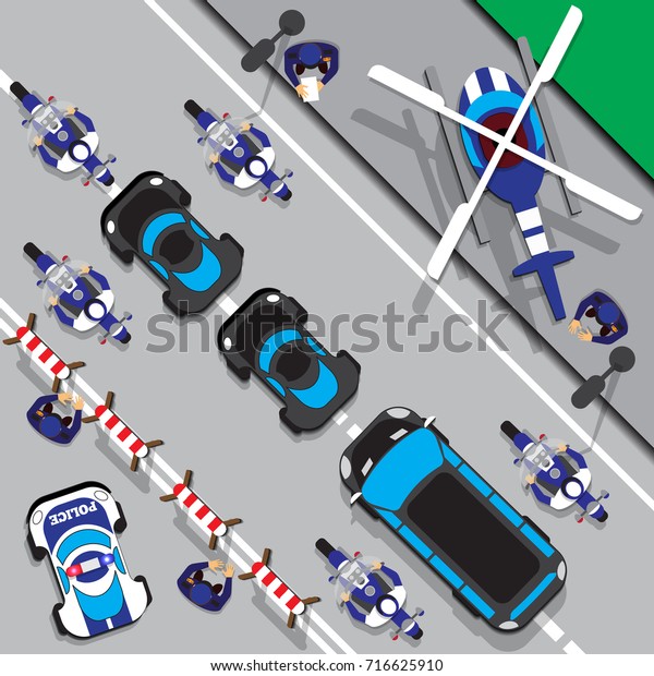 The motorcade escorted by police. View from\
above. Vector\
illustration.