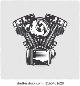 Motorcicle engine. Black and white illustration. Isolated on light backgrond with grunge noise and frame.