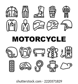 accesorios de motocicleta iconos de ciclismo conjunto vector. casco de equipo, deportes de moto, motor de jinete, cuero de chaqueta, viajes, accesorios de motocicleta de carretera ilustraciones de contorno negro de ciclismo