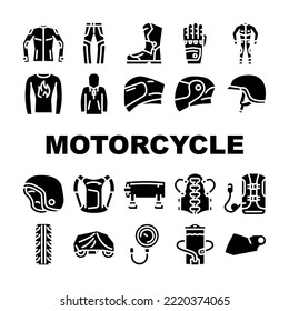 motorcycle accessories biker icons set vector. equipment helmet, motorbike sport, rider motor, jacket leather, travel, road motorcycle accessories biker glyph pictogram Illustrations