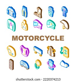 motorcycle accessories biker icons set vector. equipment helmet, motorbike sport, rider motor, jacket leather, travel, road motorcycle accessories biker isometric sign illustrations