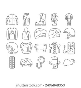 motorcycle accessories biker icons set vector. equipment helmet, motorbike sport, rider motor, jacket leather, travel, road motorcycle accessories biker black contour illustrations