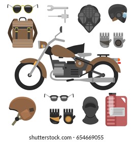 motorcycle with accessories set. helmets, backpack and motor oil. tools, sunglasses, mask and gloves.