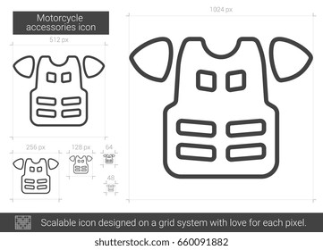 Motocicleta acessórios ícone de linha vetorial isolado no fundo branco. Ícone de linha de acessórios de motocicleta para infográfico, site ou aplicativo. Ícone escalável projetado em um sistema de grade.