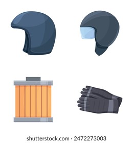 Motorcycle accessory icons set cartoon vector. Motorcycle gear and accessory. Moto workshop
