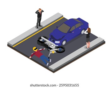 Motorcycle Accident Scene with Injured Rider and Concerned Bystanders 3d flat vector illustrations