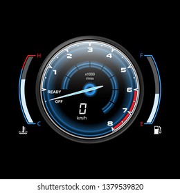 Motorcycle analog speedometer or modern car tachometer, vehicle odograph with fuel control and temperature level. Truck or lorry gauge for speed measuring. Gauge for progress display. Auto theme