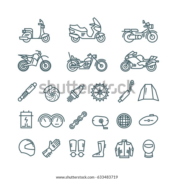 Motorcycle, auto parts and motorbike accessories\
vector line icons