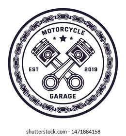 Motorcycle badge with crossed piston and chain, emblem, logo, print, t-shirt graphic, isolated on white background