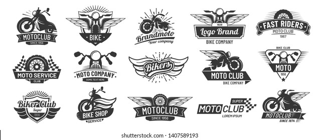 Motorcycle badges. Bikers club emblems, motorbike custom repair and wheel wings badge. Retro motorcycles motor emblem vector set