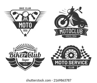 Motorcycle badges of collection, moto biker club. Vector motorcycle logo and emblem, moto badge biker illustration