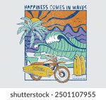 Motorcycle beach ride. Big wave artwork. Sunshine Surf club artwork. Enjoy beach life. Summer vibes artwork. Surf club design.