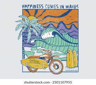 Motorcycle beach ride. Big wave artwork. Sunshine Surf club artwork. Enjoy beach life. Summer vibes artwork. Surf club design.