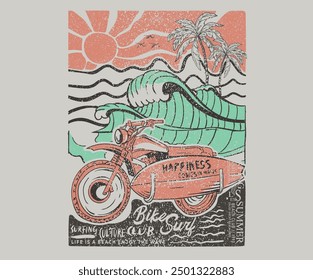 Motorcycle beach ride. Big wave artwork. Summer vibes artwork. Surf club design. Sunshine Surf club artwork. 