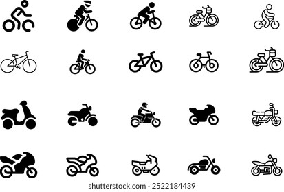 Icono de transporte de motocicletas y bicicletas. Ilustración vectorial de icono de línea delgada simple negra.