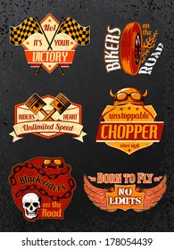 Motorcycle bike badges set with piston helmet and wheel vector illustration