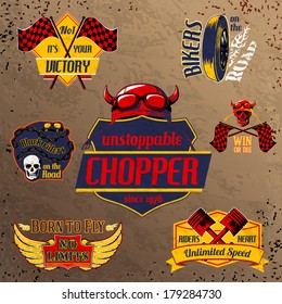 Motorcycle bike emblems set with piston helmet and wheel vector illustration