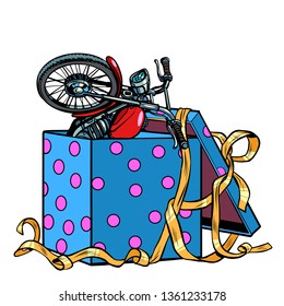 Motorcycle bike in a gift box. Pop art retro vector illustration kitsch vintage
