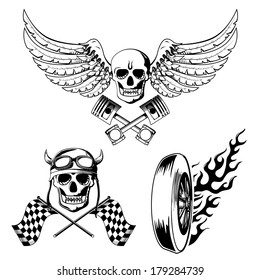 Motorcycle bike labels set with skull flames and flag vector illustration