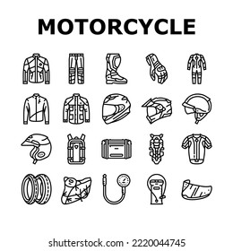 motorcycle bike motor sport icons set vector. scooter vehicle, biker rider, wheel speed, vintage road, transport, moto chopper motorcycle bike motor sport black contour illustrations