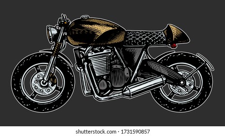 Motorcycle or Bike, retro motor bicycle. Hand drawn engraved monochrome sketch for racer, labels or posters, tattoo or t-shirts.