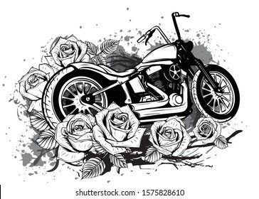 motorcycle bike with roses and peonies, card frame