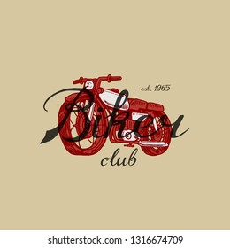 Motorcycle bike for T-shirt, Vintage transport. Racers club. Classic Retro old school moto service. Poster or Banner. Engraved hand drawn sketch for logo and labels.