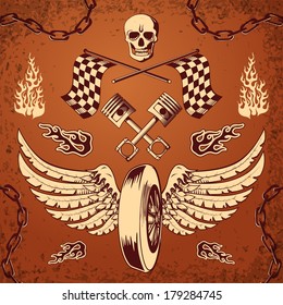 Motorcycle bike vintage design elements of skull wheel piston and flames vector illustration