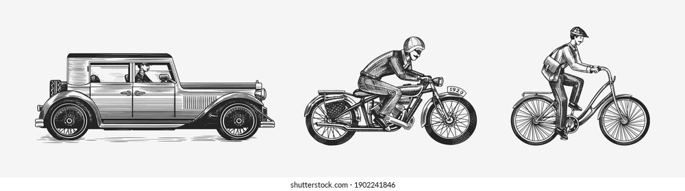 Motorcycle for biker club templates. Bicycle and bike. Car or auto. Vintage custom label badge. Fire racer for t shirt. Monochrome retro style. Classic sport motorbike. Hand drawn engraved sketch