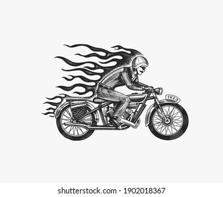 Motorcycle for biker club templates. Vintage custom emblem, label badge. Fire racer for t shirt. Monochrome retro style. Classic sport motorbike. Hand drawn engraved sketch