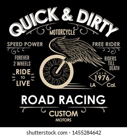 Motorcycle Biker fashion Typography, winged wheel t-shirt t-shirt apparel stamp. Hipster retro badge. Vector